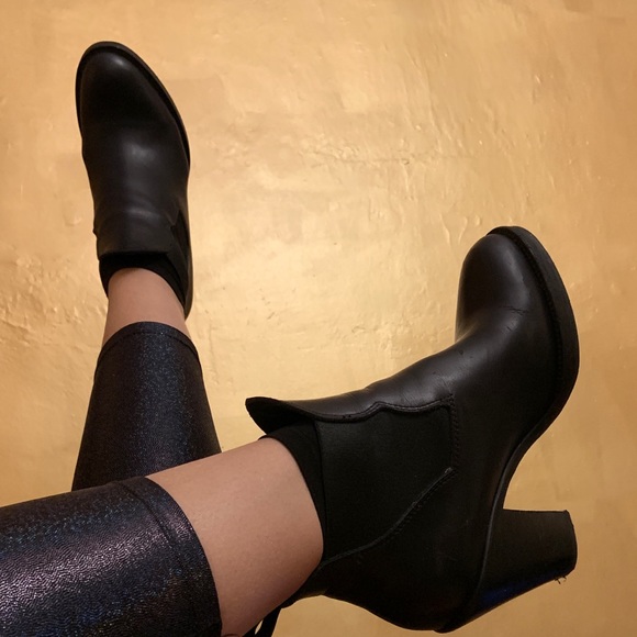 Acne black stacked heel slip on leather bootie - Picture 1 of 7